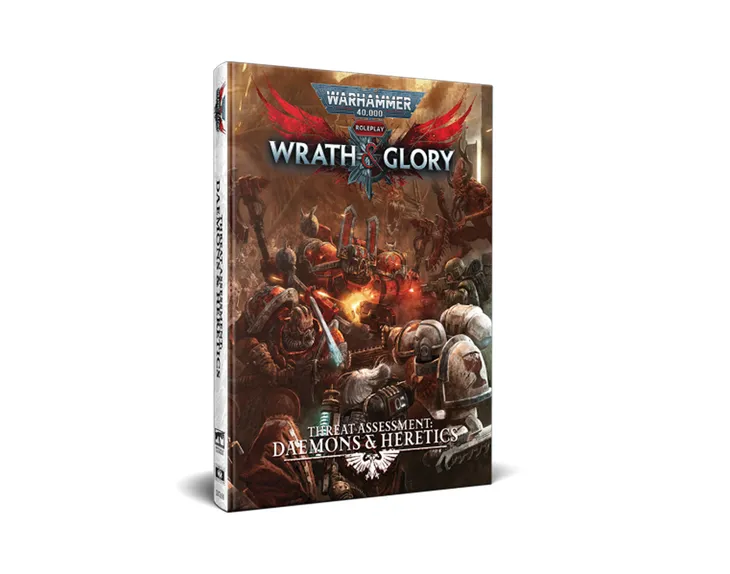A physical edition of "Warhammer 40,000: Wrath & Glory, Threat Assessment: Daemons & Heretics" is displayed, featuring a striking cover illustration. The artwork depicts various Chaos forces, including armored figures and menacing creatures, set against a dark, chaotic background. The title is prominently featured at the top, with the subtitle "Threat Assessment: Daemons & Heretics" displayed at the bottom, emphasizing the book's focus on the forces of Chaos in the Warhammer 40,000 universe.