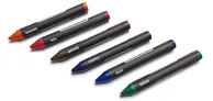Five Empire Builder crayons: orange, red, brown, purple, and blue, with "Empire Builder" and color labels on black bodies.