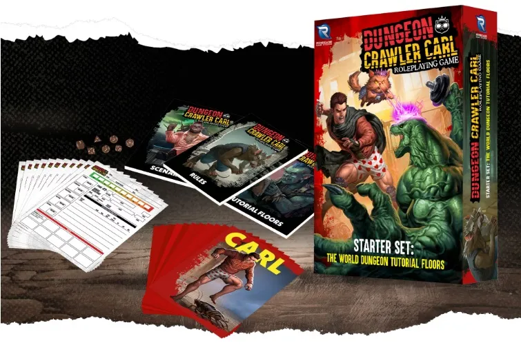 A tabletop roleplaying game starter set for "Dungeon Crawler Carl" is prominently displayed, featuring a colorful box cover that showcases Carl, a muscular character in shorts, and a pink-haired creature in a dynamic pose. Surrounding the box are various game components, including character sheets, scenario guides, and rulebooks, all laid out on a textured surface. The set emphasizes the game's focus on tutorial floors, inviting players to dive into the adventure.