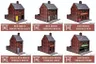 A collection of six 28mm scale MDF buildings is displayed, featuring a red brick design. The buildings include a "Red Brick House with Alley," "Red Brick Terrace House," "Red Brick Terrace Pub," "Small Red Brick Terrace House," "Small Red Brick Terrace Shop," and "Red Brick Terrace Store." Each building showcases distinct features, such as varying door colors and signage options, suitable for various historical genres.