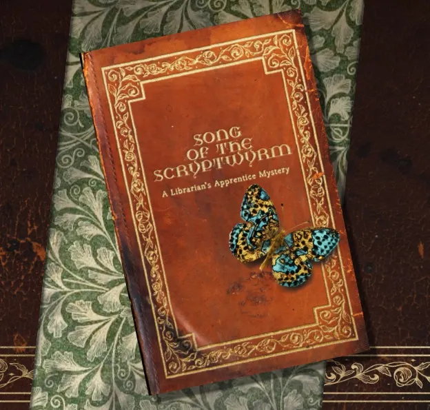 Brown book titled "Song of the Scriptorium: A Librarian's Apprentice Mystery" with a blue butterfly on it.