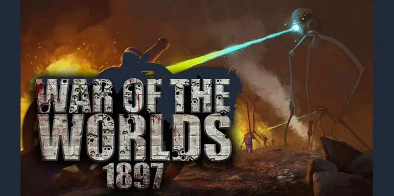 The image features a dramatic scene from "War of the Worlds 1897," showcasing a Martian tripod with a glowing blue beam aimed at a human figure in a desolate landscape. The background is filled with fiery hues, suggesting chaos and destruction. The title "WAR OF THE WORLDS 1897" is prominently displayed at the bottom in a bold, textured font, enhancing the game's thematic intensity. The overall atmosphere conveys a sense of peril and urgency, reflecting the narrative-driven survival RPG concept.