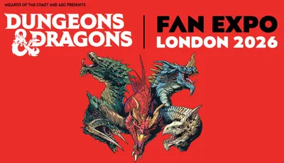 A striking graphic features a fierce, multi-headed dragon with vibrant colors, set against a bold red background. The text prominently displays "Dungeons & Dragons" at the top, followed by "FAN EXPO LONDON 2026" in large, bold letters. The design emphasizes the excitement of the upcoming event, highlighting the partnership between Wizards of the Coast and AEG Presents.