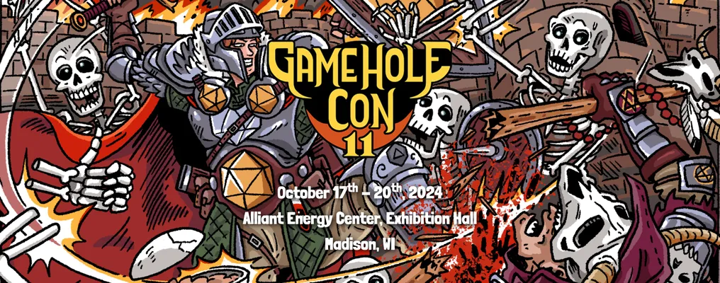 Gamehole Con 11 image showing a knight fighting skeletons. Event dates are October 17th to 20th, 2024, at Alliant Energy Center, Exhibition Hall, Madison, WI