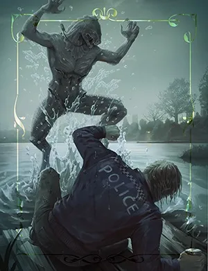 Statue splashing water on a person in a "POLICE" jacket by a river.