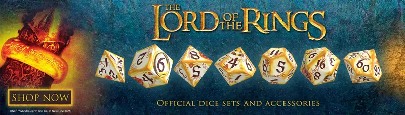 Golden dice with numbers 6, 8, 4, 20, and text "THE LORD OF THE RINGS OFFICIAL DICE SETS AND"