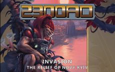 A humanoid alien with red skin and a distinctive crest is prominently featured, holding a futuristic weapon. The background depicts a sunset over a futuristic cityscape, hinting at a conflict zone. The title "2300AD" is displayed at the top, with the subtitle "INVASION: THE RELIEF OF NOVY KYIV" below, emphasizing the theme of the campaign.