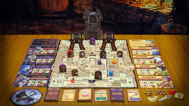Board game "Realm of Labyrinthia" with miniatures, dice, and swinging axe traps on a wooden table.