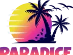 Pixelated sunset with a large palm tree silhouette against a gradient sky of yellow, orange, and purple hues. Below, a row of blurred, indistinct figures and objects, possibly representing a crowd or event space.