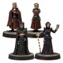 Four sci-fi miniatures in robes, two holding devices, on circular bases.