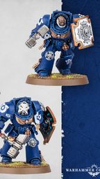 Five Space Marine Assault Terminators are displayed, each wearing iconic blue power armor and equipped with various weapons, including thunder hammers and storm shields. The miniatures feature detailed designs, with some having unique head options and tilting plates adorned with purity seals and badges. The background is a subtle gradient, enhancing the focus on the intricately crafted models.