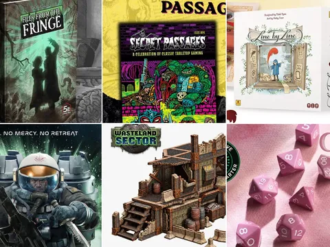 Top left: "PASSAGE" logo, "SECRET PASSAGES" box with colorful fantasy art, text "A CELEBRATION OF CLASSIC TABLETOP GAMING." Top right: "Line by Line" book cover showing a child in a mirror with text "Designed by Tink Stainton."