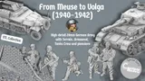 A collection of detailed 28mm German army miniatures and vehicles is showcased, featuring a half-tracked armoured personnel carrier alongside various soldiers in dynamic poses, equipped with weapons like the MG34 and Mauser K98. The background includes a textured wall of bricks, enhancing the historical context. The text highlights the campaign title "From Meuse to Volga (1940-1942)" and mentions the STL collection for 3D printing.