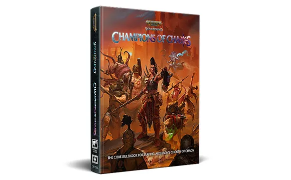 A 3D-rendered image of the "Champions of Chaos" rulebook, prominently displaying its cover art. The cover features a dynamic scene with various Chaos warriors, including a mix of armored figures and monstrous beings, set against a fiery, chaotic background. The title "Champions of Chaos" is boldly displayed at the top, with the subtitle indicating it is the core rulebook for playing Archons' Chosen of Chaos.