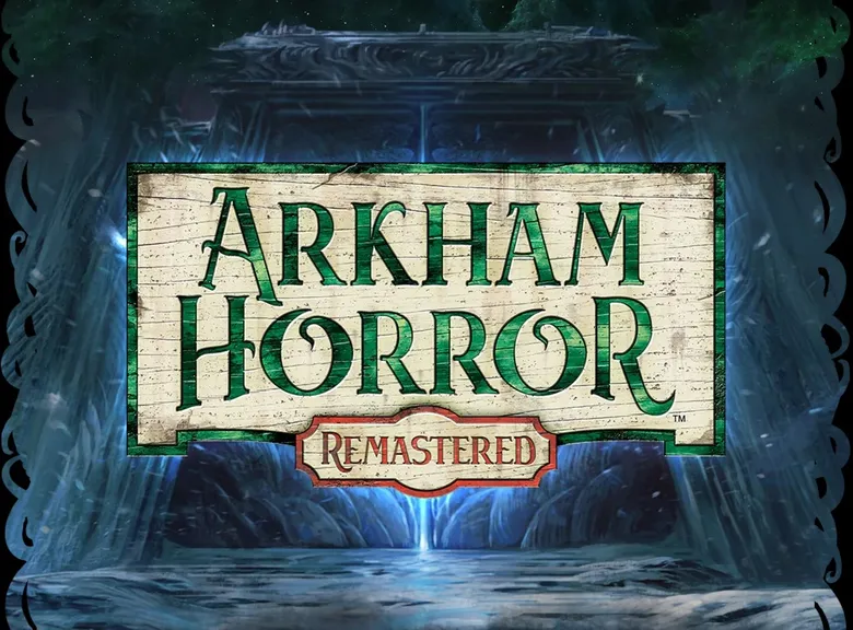 Arkham Horror Remastered sign with dark, misty background