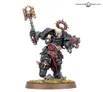 A Black Templars Execrator stands in a dynamic pose, wielding a large, ornate power hammer in one hand and a pyre pistol in the other. The figure is clad in black armor adorned with gold and silver details, including a skull motif on the helmet and a purity seal on the chest. The base features a grassy terrain with scattered skulls, enhancing the grim aesthetic typical of the Warhammer 40,000 universe.