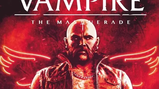 Bald man in leather vest, glowing red wings behind, text "VAMPIRE THE MASQUERADE" above.