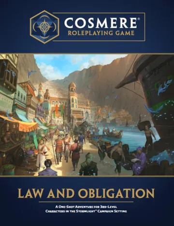Cosmere Roleplaying Game, Law and Obligation, bustling harbor town with mountains and ships.
