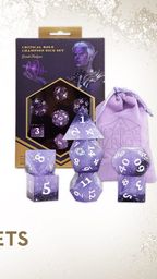Two sets of Critical Role Champion Dice are displayed prominently. On the left, the set inspired by Percival Fredrickstein Von Musel Klossowski De Rolo III features a dark blue velveteen bag and dice with a starry design, showcasing numbers in a contrasting color. On the right, the set inspired by Essek Thelyss is presented in a purple theme, with a matching bag and dice that have a mystical appearance, also featuring white numbers. Each set is packaged in a decorative box with character artwork and the Critical Role logo.
