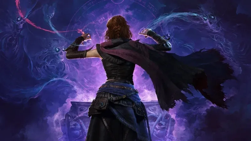 Woman in dark armor casting magic, purple energy swirling around her.