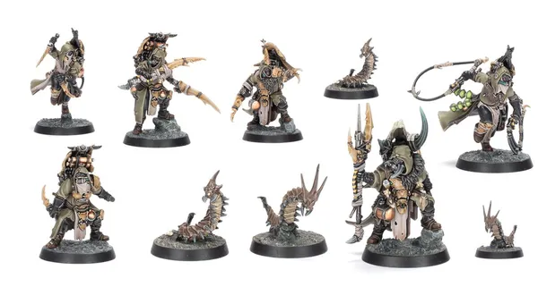 A collection of six intricately designed miniatures representing the Sha’dar Hunters from Necromunda, accompanied by their Arthromite spinewyrms. The hunters are clad in rugged, post-apocalyptic armor, featuring various weapons and gear, while the spinewyrms exhibit a segmented, menacing appearance. The bases of the miniatures are textured to resemble the harsh terrain of the Ash Wastes, enhancing the overall theme of survival in a desolate environment.