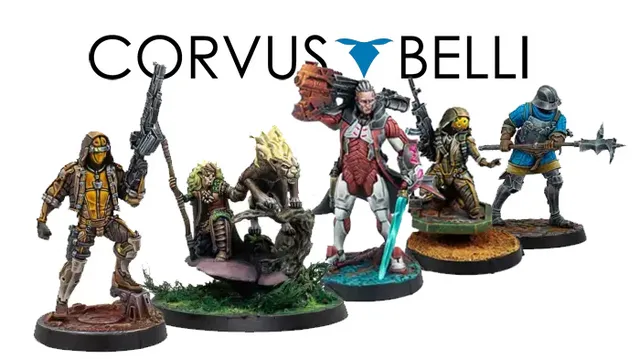 Five intricately designed miniatures are displayed against the Corvus Belli logo. From left to right, a futuristic soldier in yellow and black armor stands with a rifle, followed by a green-skinned character with a weapon, a central figure in sleek armor wielding a large gun and glowing sword, a character in tactical gear with a mask, and a soldier in blue armor holding a spear. Each miniature showcases detailed features and dynamic poses, highlighting their unique designs and roles within the game universe.
