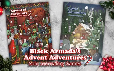 Two advent calendar-style solo journaling game covers with festive and spooky themes.