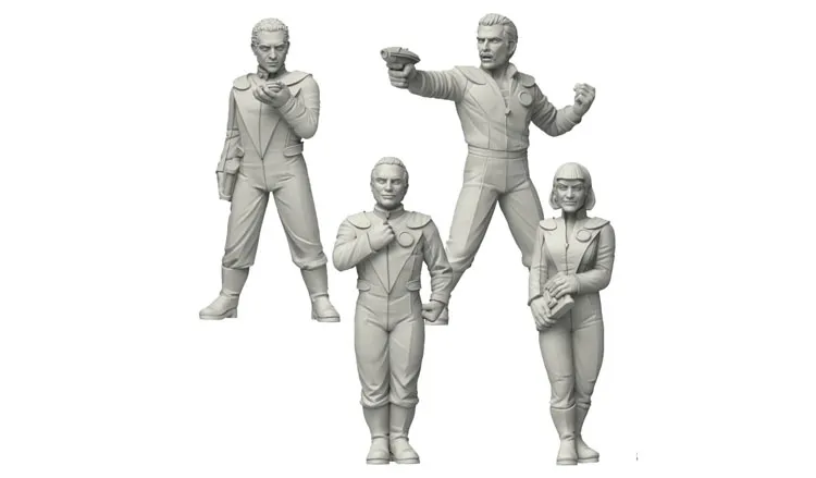 The image features four sci-fi miniatures from Crooked Dice Design Studio, depicting Galactic Explorers. Each figure is intricately designed, showcasing a variety of poses: one character stands confidently with a raised hand, another holds a weapon, while the others display different stances, suggesting action and readiness. The miniatures are dressed in form-fitting, futuristic outfits, emphasizing their roles as explorers in a sci-fi setting. The figures are presented in a light gray color, typical of unpainted resin models.