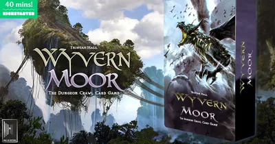 "Wyvern Moor Dungeon Crawl Card Game" book cover and floating island landscape.