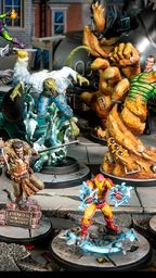 A dynamic scene features a group of iconic Spider-Man villains from the Marvel: Crisis Protocol game, set against a detailed urban backdrop. Prominent figures include Mysterio in a green and purple costume, the hulking Lizard, and Kraven the Hunter, all depicted in vibrant colors and intricate miniature detail. The setting includes a damaged street with a vehicle and a warning sign that reads "DANGER DO NOT ENTER THE ANIMALS," enhancing the dramatic atmosphere.