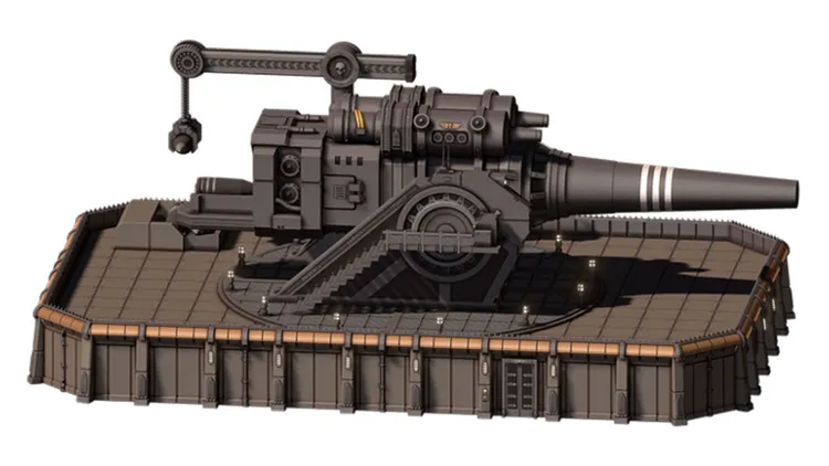 A large, detailed artillery piece is mounted on a flat, rectangular platform with a textured surface. The cannon features a prominent barrel with black and white stripes, a complex mechanical structure, and a staircase leading up to it. The platform is designed with industrial elements, including various panels and lights, emphasizing a grimdark aesthetic suitable for a sci-fi tabletop setting.