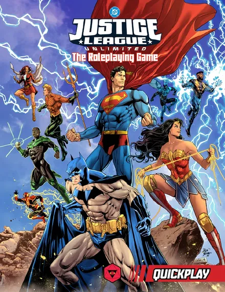 A dynamic illustration features iconic superheroes from the DC Universe, including Superman, Batman, Wonder Woman, and others, posed heroically against a backdrop of swirling lightning. Superman stands prominently in the center, flanked by Wonder Woman and Batman, while additional heroes like Green Lantern and Flash are depicted in action poses around them. The title "Justice League Unlimited: The Roleplaying Game" is displayed at the top, emphasizing the game's focus on teamwork and heroism.