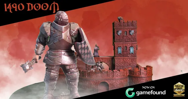 A detailed scene features a medieval-style castle tower made of dark stone, complete with battlements and blue banners hanging from the windows. In the foreground, a knight in armor holds a shield adorned with a checkered pattern, standing ready for battle. The background is filled with a dramatic red sky, enhancing the grimdark atmosphere of the setting. The text "NOW ON gamefound" is prominently displayed in the lower corner, along with a badge indicating a tabletop gaming award.