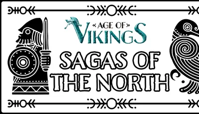 A stylized illustration features a Viking warrior wearing a helmet and holding a round shield, depicted in black against a white background. Above the warrior, the title "AGE OF VIKINGS" is displayed in a bold, turquoise font, while below, the words "SAGAS OF THE NORTH" are presented in a playful, black typeface. Decorative elements, including arrows and patterns, frame the image, enhancing its thematic connection to Viking culture.