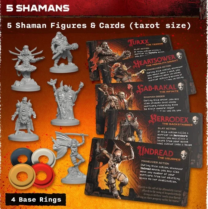 Five gray shaman miniatures, five tarot-sized cards, and four colored rings on orange background.