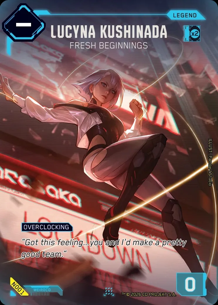 A trading card features a character named Lucyna Kushinada, depicted in a dynamic pose with short, light-colored hair and a confident expression. She wears a stylish outfit consisting of a black top and sleek, form-fitting pants, set against a vibrant backdrop that includes neon signs, hinting at a futuristic urban environment. The card is labeled "FRESH BEGINNINGS" and marked as a "LEGEND" card, with additional game-related icons and text displayed prominently.