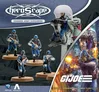 A collection of G.I. JOE Heroscape miniatures features five COBRA Troopers in blue uniforms, each equipped with various weapons, standing on circular bases. In the background, a COBRA Flight Pod is depicted, showcasing a pilot seated in a futuristic vehicle. The packaging design includes the Heroscape logo and artwork highlighting the G.I. JOE theme, emphasizing the expansion's connection to the iconic franchise.