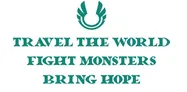 Green logo with leaf-like wings above text "TRAVEL THE WORLD FIGHT MONSTERS BRING HOPE"