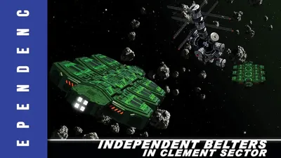 Spacecraft in green and gray colors flying near rocky debris in space. Text reads: "ON THE ROCKS," "INDEPENDENCE G," "INDEPENDENT BELTERS IN CLEMENT SECTOR," "CEPHEUS ENGINE," and "CLEMENT SECTOR" with a logo.