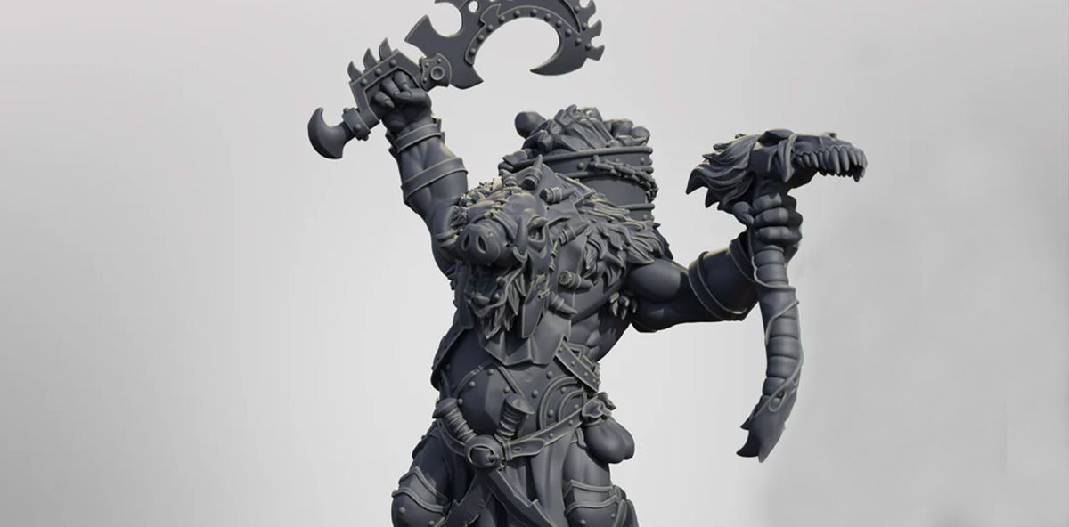 A muscular, anthropomorphic pig warrior, Midas, is depicted in a dynamic pose, raising a large, curved weapon in one hand while holding a severed animal head in the other. He is adorned with armor and accessories that emphasize his fierce and battle-ready nature, including a mane of fur and a belt with various pouches. The figure is rendered in a gray material, showcasing intricate details of his armor and facial features, set against a plain background.