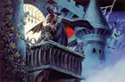 A dark, brooding figure stands on a stone balcony, draped in a flowing black cape with a red lining, overlooking a misty landscape. Two small, winged creatures perch beside him, while a castle tower with a pointed roof looms in the background, illuminated by a full moon and streaks of lightning. Bats fly in the night sky, adding to the ominous atmosphere of the scene.