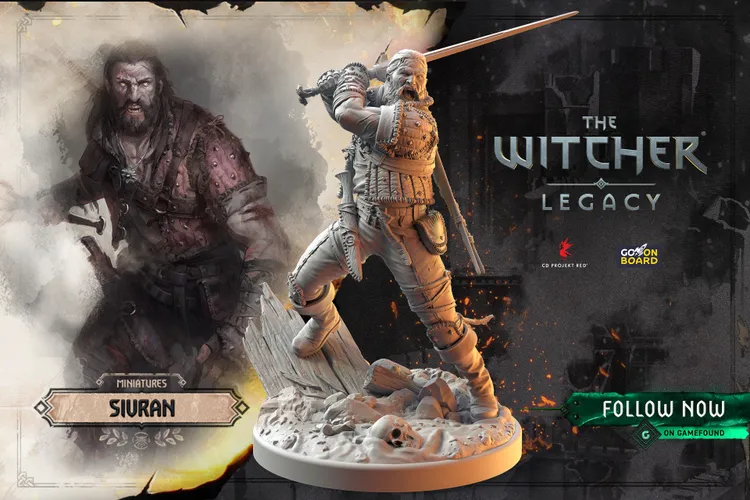 A detailed illustration features a fierce-looking character named Siuran, depicted in two styles. On the left, a painted portrait shows him with long hair, a rugged expression, and wearing a dark, tattered outfit. On the right, a three-dimensional miniature of Siuran stands in a dynamic pose, wielding a sword, with intricate armor and a base that includes skulls and debris.