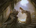 Two figures in a dimly lit cavern. One kneeling man in dark robes, head bowed, reaching toward a glowing, radiant woman in flowing robes standing on stone steps. Light illuminates the cavern walls behind them.
