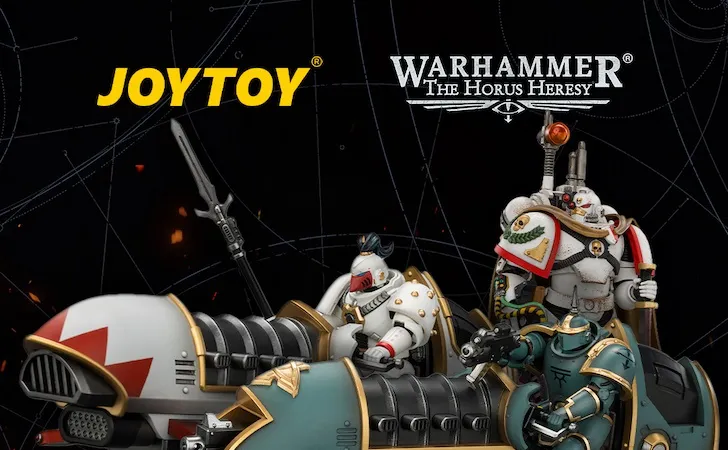 Two jetbikes with armored riders, "JOYTOY" and "Warhammer The Horus Heresy" text, "NEW JOYTOY PREORDERS WHITE SCARS & SONS OF HORUS ARRIVE"