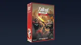 The image features the starter set box for Modiphius' Fallout: Factions skirmish game. The box is predominantly red with the game's title prominently displayed at the top, along with the subtitle "Battle for Nuka-World." The artwork depicts two characters engaged in combat: one wielding a melee weapon and the other aiming a firearm, set against a post-apocalyptic backdrop. The overall design conveys a sense of action and adventure, fitting the game's theme.