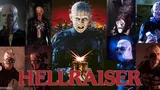 A central figure with a wire-mesh skull and muscular torso, holding a glowing puzzle box. Surrounding images show distorted faces, dark figures, and a cityscape at dusk. Red text reads "HELLRAISER."