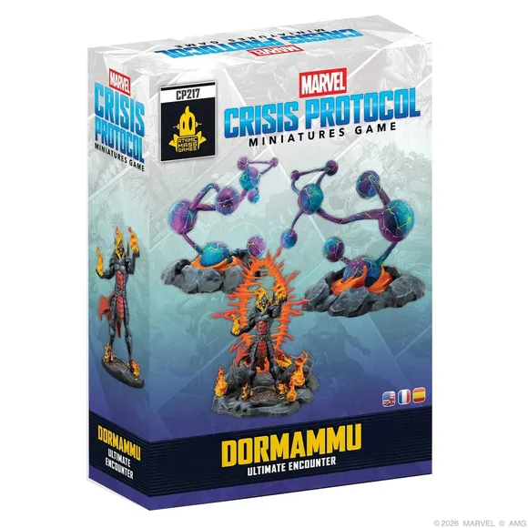 A box for the "Marvel: Crisis Protocol - Dormammu Ultimate Encounter" set features a striking illustration of Dormammu, depicted with fiery elements and a menacing stance, surrounded by swirling dimensional rifts. The packaging includes vibrant colors, with a dark background contrasting against the bright flames and mystical rifts. The title "DORMAMMU ULTIMATE ENCOUNTER" is prominently displayed at the bottom, indicating the contents of the set.