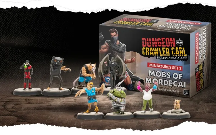 A collection of painted miniatures from the "Dungeon Crawler Carl" roleplaying game is displayed in front of a box labeled "Miniatures Set 3: Mobs of Mordecai." The miniatures include various characters, such as a humanoid in a mask, a bear-like creature, and a green-skinned figure, all standing on circular bases. The background features a textured surface that resembles a dungeon floor, enhancing the fantasy theme of the scene.