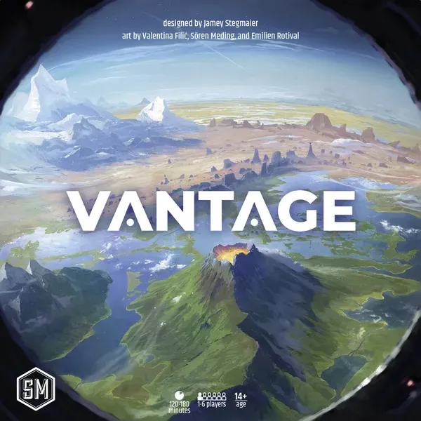 A scenic board game cover for "Vantage" features a vibrant landscape with mountains, valleys, and a body of water, all under a clear blue sky. The title "VANTAGE" is prominently displayed in bold, white letters across the center. The artwork is credited to Valentina Filic, Soren Meding, and Emilien Rotival, with the designer noted as Jamey Stegmaier.