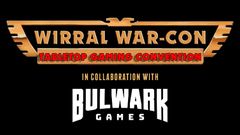 The image features the title "Corral War-Con: Tabletop Gaming Convention" prominently displayed in bold, stylized lettering. Below it, the phrase "IN COLLABORATION WITH" is written in a smaller font, leading to the name "BULWARK GAMES," which is also presented in a bold, distinctive style. The background is black, enhancing the visibility of the text, with the convention title highlighted in red and gold accents.
